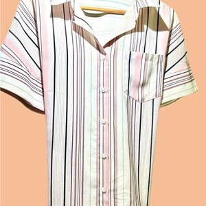 Pink and White Striped Blouse with Short Sleeves